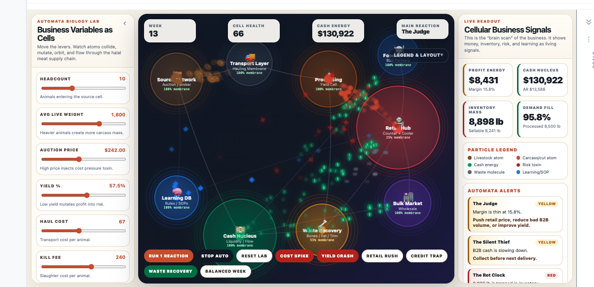 Automata biology lab — business variables as cells