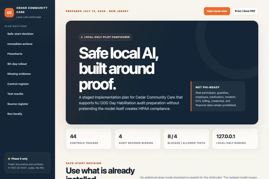 Private on-device local LLM safe-deployment plan for a community-care provider