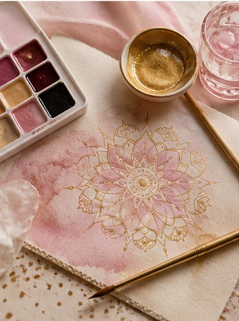 Watercolour palette and gold mandala art