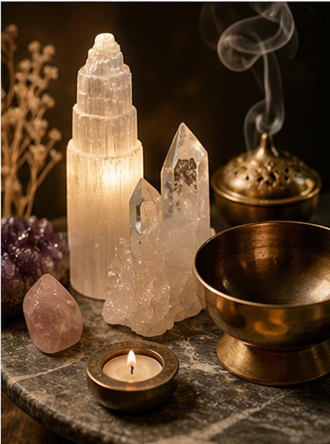 Crystals and singing bowl in Asha's healing space