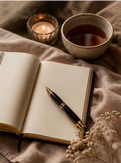 An open journal and pen in soft light
