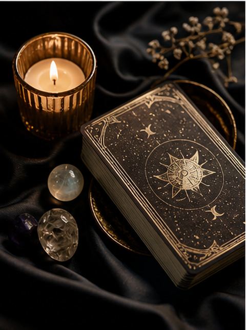 Tarot deck with crystals by candlelight